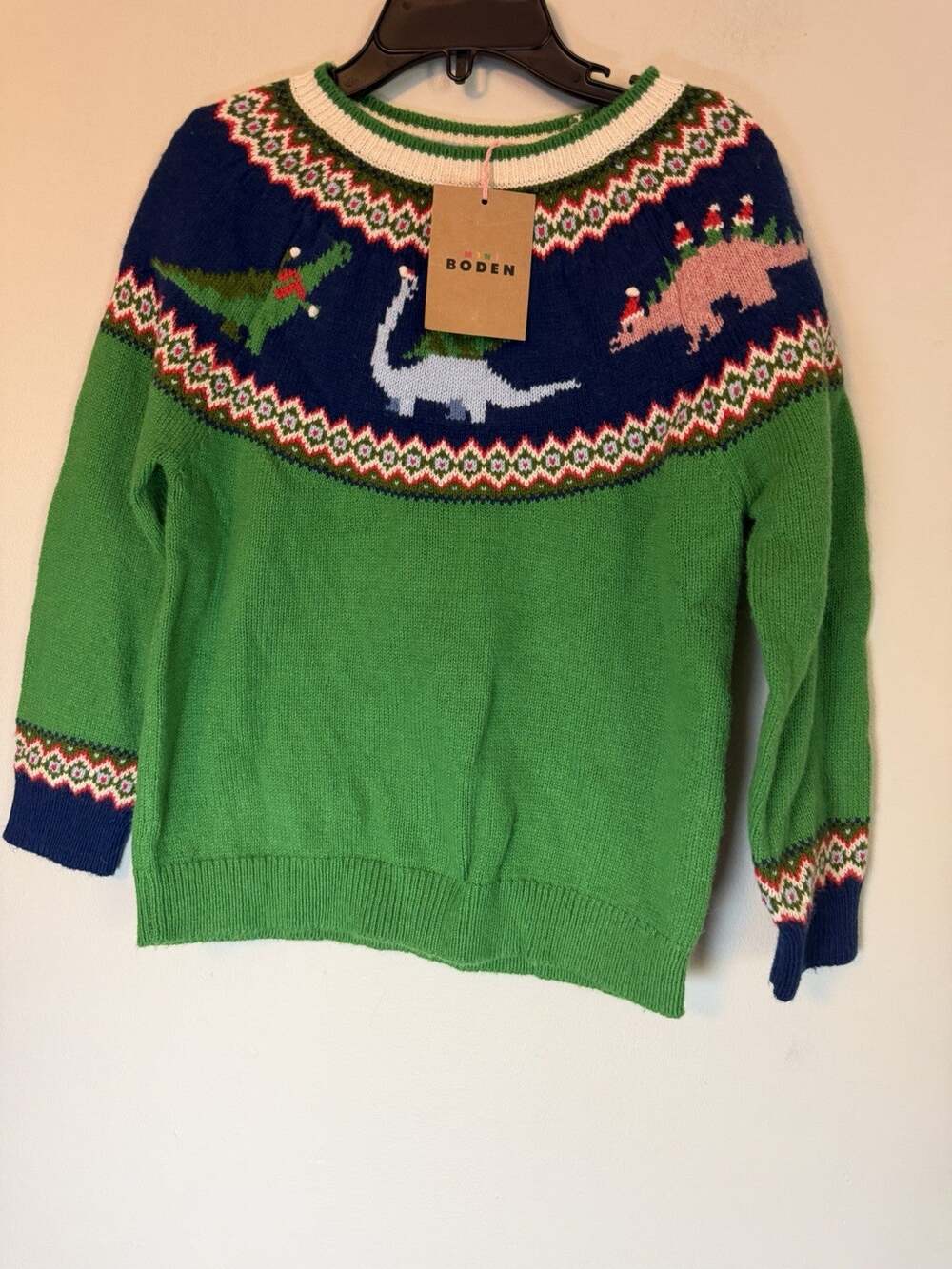 Mini Boden Boys Sz 6-7 Green Christmas Dinosaur Sweater NWT